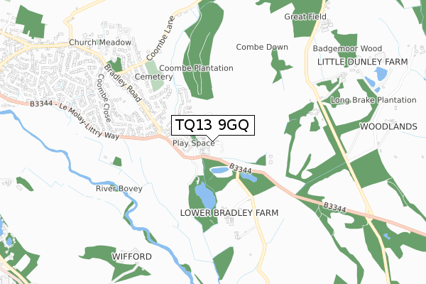 TQ13 9GQ map - small scale - OS Open Zoomstack (Ordnance Survey)