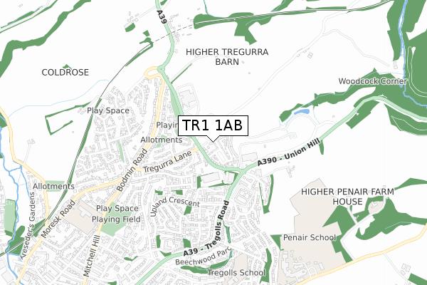 TR1 1AB map - small scale - OS Open Zoomstack (Ordnance Survey)