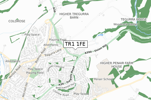 TR1 1FE map - small scale - OS Open Zoomstack (Ordnance Survey)