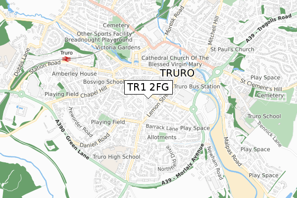 TR1 2FG map - small scale - OS Open Zoomstack (Ordnance Survey)