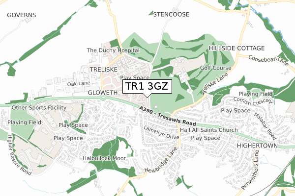 TR1 3GZ map - small scale - OS Open Zoomstack (Ordnance Survey)