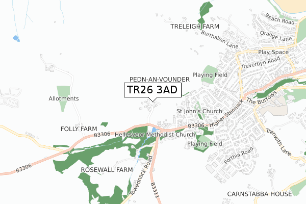 TR26 3AD map - small scale - OS Open Zoomstack (Ordnance Survey)
