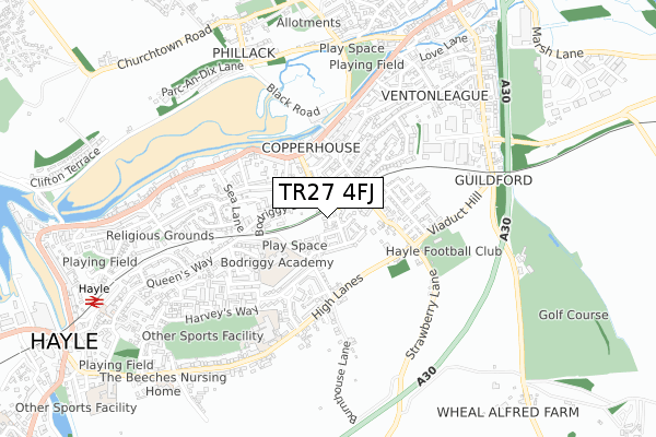 TR27 4FJ map - small scale - OS Open Zoomstack (Ordnance Survey) TR27 4FJ map - small scale - OS Open Zoomstack (Ordnance Survey)