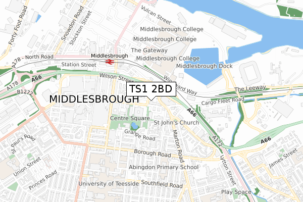 TS1 2BD map - small scale - OS Open Zoomstack (Ordnance Survey) TS1 2BD map - small scale - OS Open Zoomstack (Ordnance Survey)