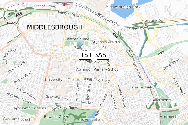 TS1 3AS map - small scale - OS Open Zoomstack (Ordnance Survey)