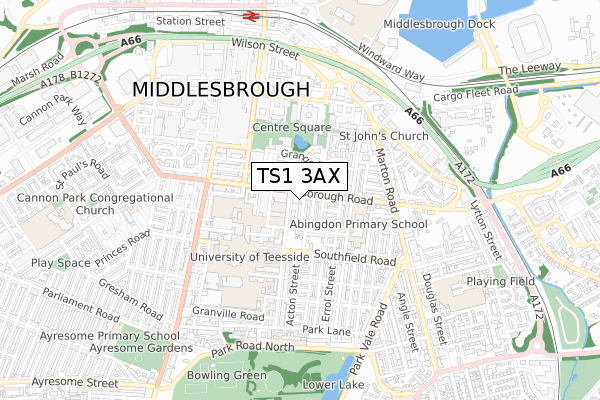 TS1 3AX map - small scale - OS Open Zoomstack (Ordnance Survey)