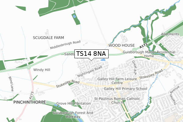 TS14 8NA map - small scale - OS Open Zoomstack (Ordnance Survey)