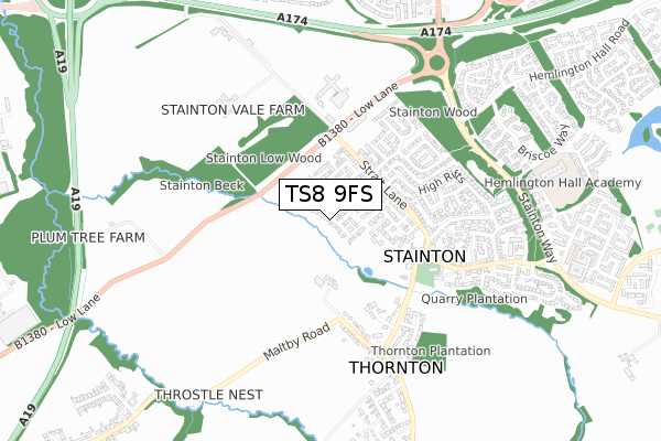 TS8 9FS map - small scale - OS Open Zoomstack (Ordnance Survey)