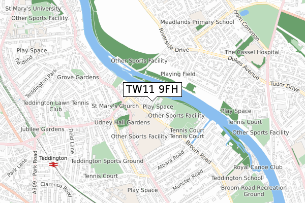 TW11 9FH map - small scale - OS Open Zoomstack (Ordnance Survey)