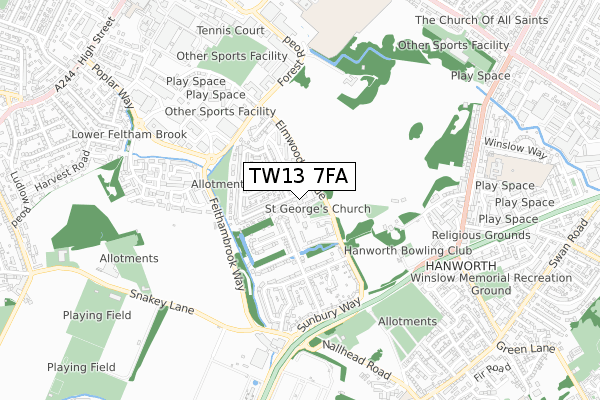 TW13 7FA map - small scale - OS Open Zoomstack (Ordnance Survey)