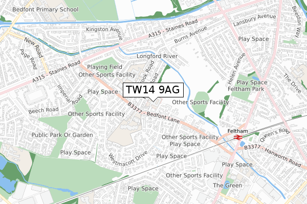 TW14 9AG map - small scale - OS Open Zoomstack (Ordnance Survey)