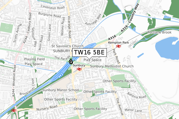 TW16 5BE map - small scale - OS Open Zoomstack (Ordnance Survey)