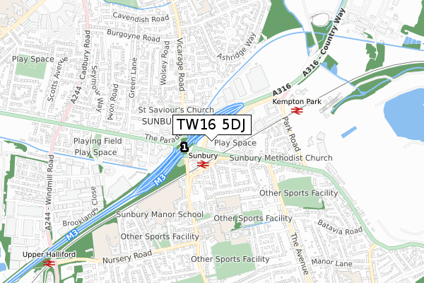 TW16 5DJ map - small scale - OS Open Zoomstack (Ordnance Survey)