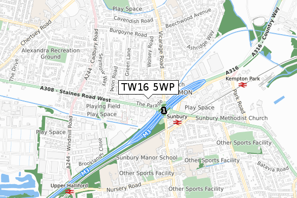 TW16 5WP map - small scale - OS Open Zoomstack (Ordnance Survey)