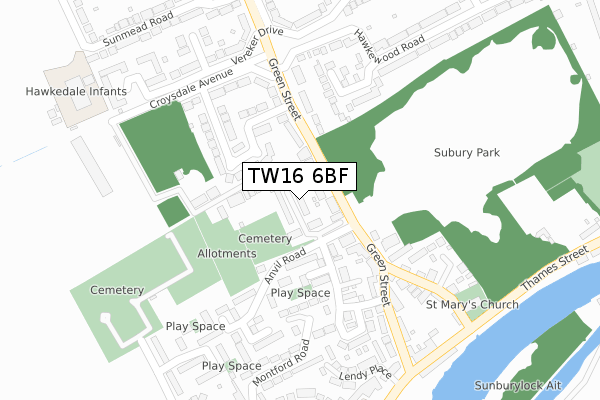 TW16 6BF map - large scale - OS Open Zoomstack (Ordnance Survey)