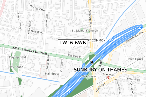 TW16 6WB map - large scale - OS Open Zoomstack (Ordnance Survey)