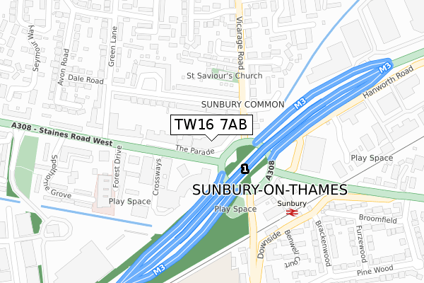 TW16 7AB map - large scale - OS Open Zoomstack (Ordnance Survey)