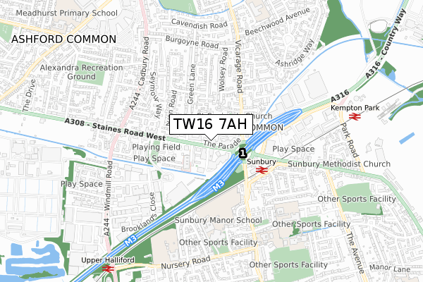 TW16 7AH map - small scale - OS Open Zoomstack (Ordnance Survey)