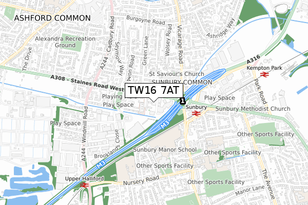 TW16 7AT map - small scale - OS Open Zoomstack (Ordnance Survey)