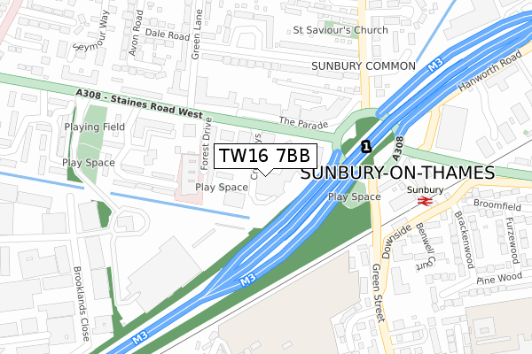 TW16 7BB map - large scale - OS Open Zoomstack (Ordnance Survey)