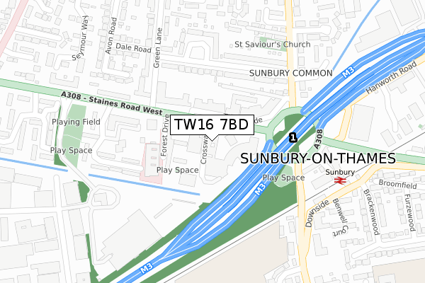 TW16 7BD map - large scale - OS Open Zoomstack (Ordnance Survey)