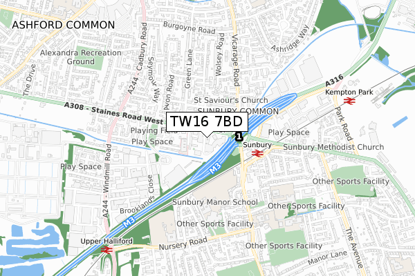 TW16 7BD map - small scale - OS Open Zoomstack (Ordnance Survey)
