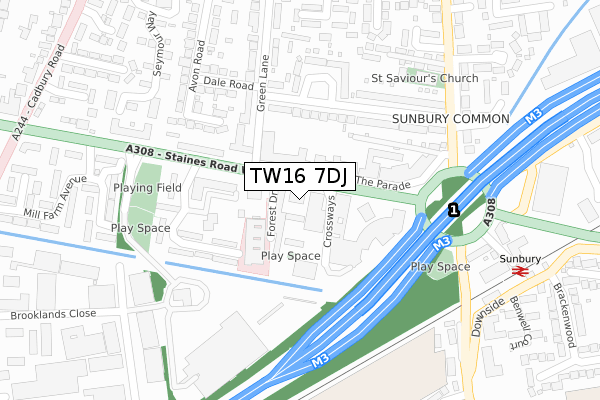 TW16 7DJ map - large scale - OS Open Zoomstack (Ordnance Survey)