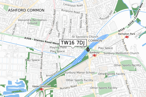 TW16 7DJ map - small scale - OS Open Zoomstack (Ordnance Survey)