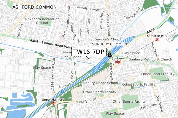 TW16 7DP map - small scale - OS Open Zoomstack (Ordnance Survey)