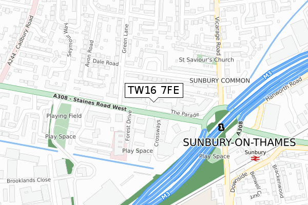 TW16 7FE map - large scale - OS Open Zoomstack (Ordnance Survey)