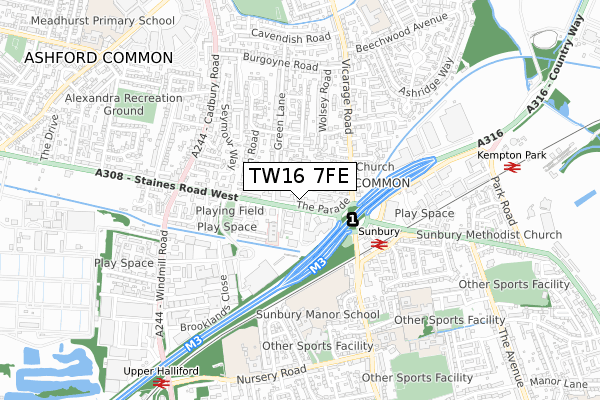 TW16 7FE map - small scale - OS Open Zoomstack (Ordnance Survey)