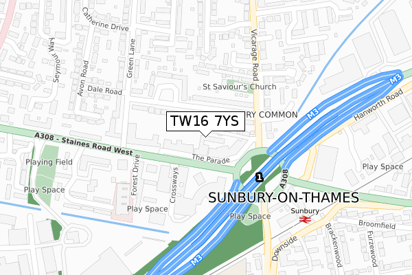 TW16 7YS map - large scale - OS Open Zoomstack (Ordnance Survey)