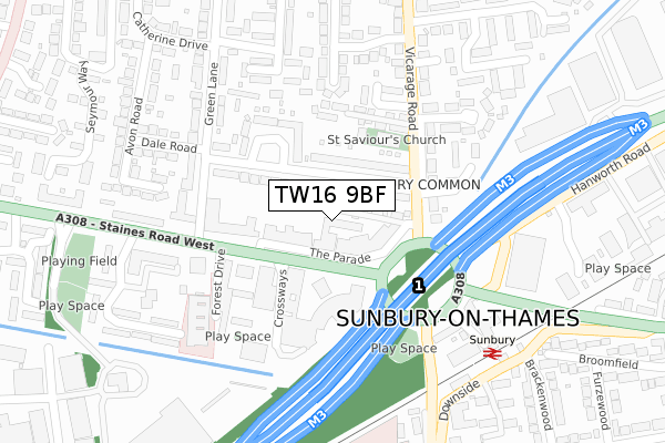TW16 9BF map - large scale - OS Open Zoomstack (Ordnance Survey)