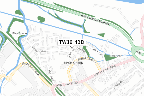 TW18 4BD map - large scale - OS Open Zoomstack (Ordnance Survey)