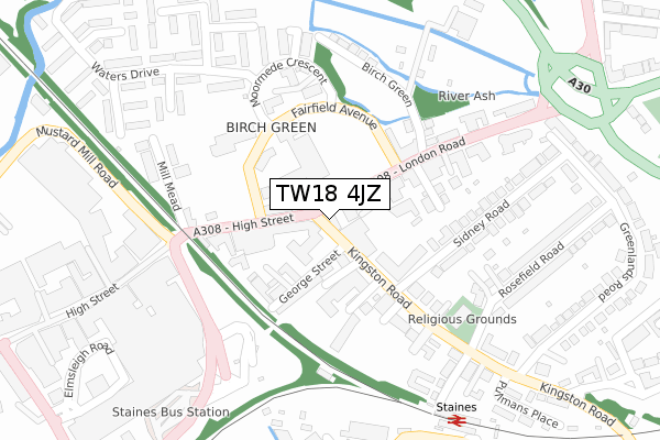 TW18 4JZ map - large scale - OS Open Zoomstack (Ordnance Survey)