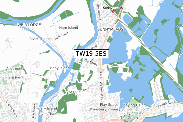 TW19 5ES map - small scale - OS Open Zoomstack (Ordnance Survey)