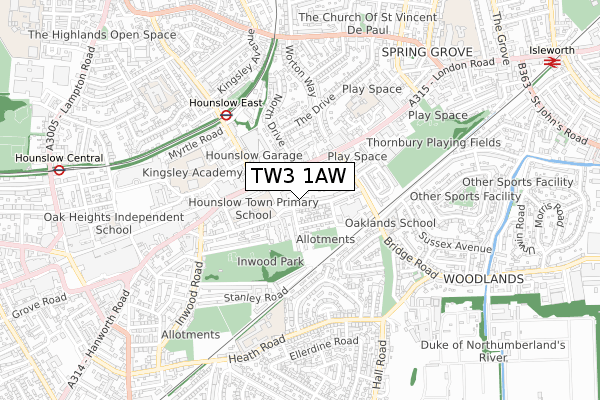 TW3 1AW map - small scale - OS Open Zoomstack (Ordnance Survey)