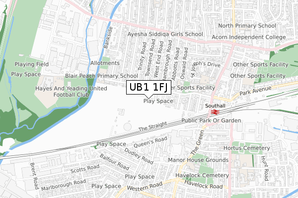 UB1 1FJ map - small scale - OS Open Zoomstack (Ordnance Survey)