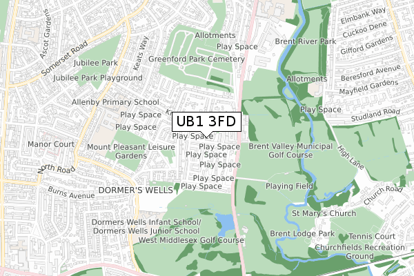 UB1 3FD map - small scale - OS Open Zoomstack (Ordnance Survey)