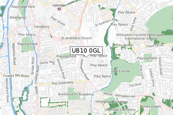 UB10 0GL map - small scale - OS Open Zoomstack (Ordnance Survey)