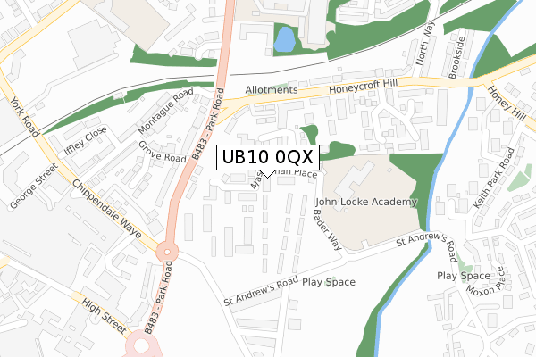 UB10 0QX map - large scale - OS Open Zoomstack (Ordnance Survey)