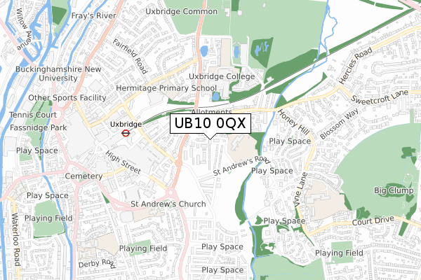 UB10 0QX map - small scale - OS Open Zoomstack (Ordnance Survey)