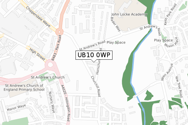 UB10 0WP map - large scale - OS Open Zoomstack (Ordnance Survey)