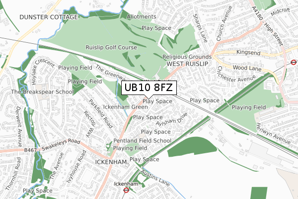 UB10 8FZ map - small scale - OS Open Zoomstack (Ordnance Survey)