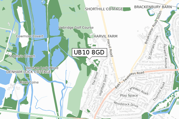 UB10 8GD map - small scale - OS Open Zoomstack (Ordnance Survey)