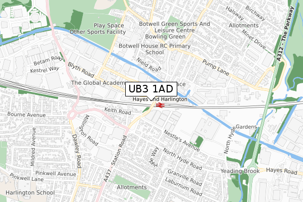 UB3 1AD map - small scale - OS Open Zoomstack (Ordnance Survey)