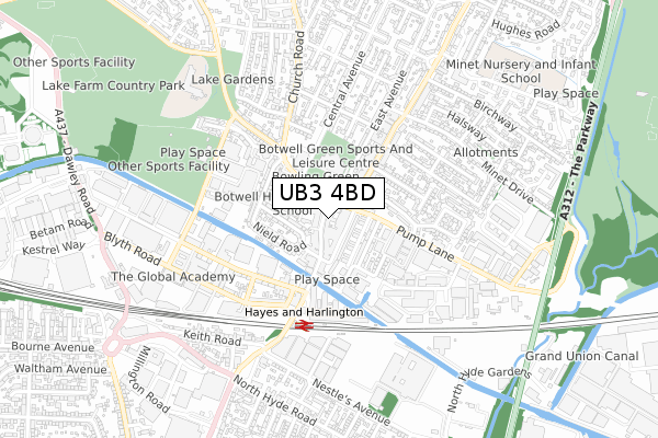 UB3 4BD map - small scale - OS Open Zoomstack (Ordnance Survey)