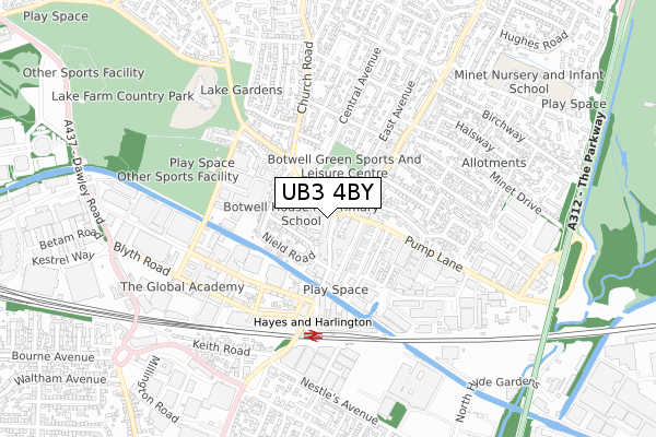 UB3 4BY map - small scale - OS Open Zoomstack (Ordnance Survey)
