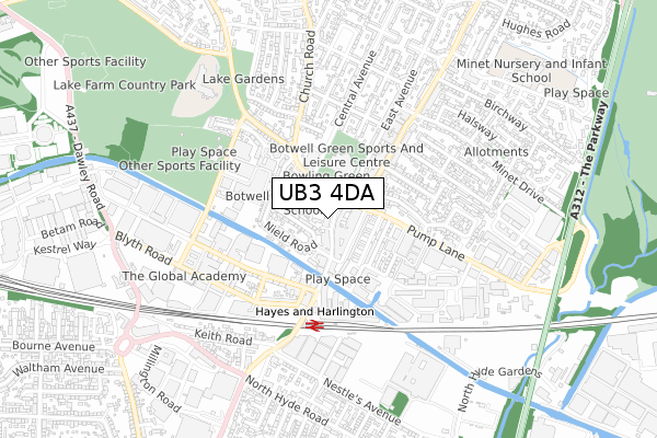 UB3 4DA map - small scale - OS Open Zoomstack (Ordnance Survey)