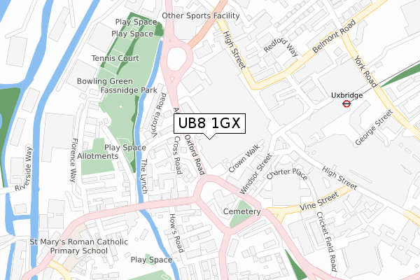 UB8 1GX map - large scale - OS Open Zoomstack (Ordnance Survey)